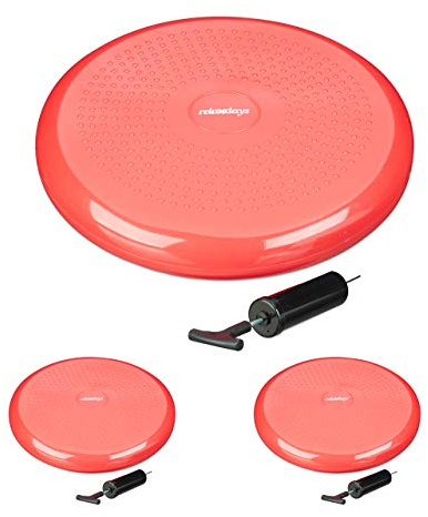 Relaxdays 3 x Balance Kissen, 140 kg Maximalgewicht, Balance Pad mit Luftpumpe, Ballsitzkissen mit Noppen, Fitness Kissen, rot