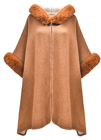 ZLYC Hiver Fausse Fourrure Cape Chaud Tricoté Ponchos Châles à Capuche(Chameau),Taille Unique