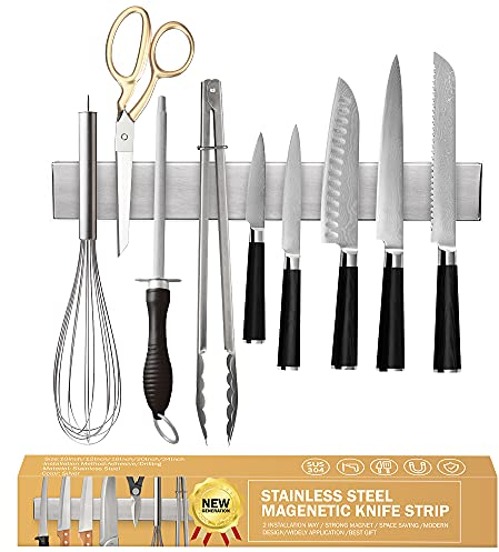 Ninonly Barre Magnétique pour Couteaux 30cm Porte Couteaux Aimanté, Barre à Couteaux Aimantée en Acier Inoxydable, Mural Support et Protège Doigts Kit pour Support Ustensiles de Cuisine et Outils