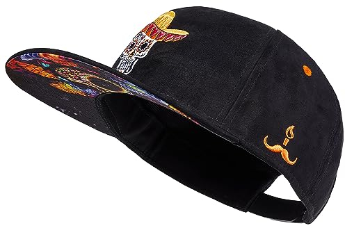 Cadency Snapback Cap Herren, Mexican Skull, Baseball Kappe, Basecap gerader Schirm, Premium Qualität, Langlebig, Einheitsgröße, Unisex, Schwarz, Größenverstellbar
