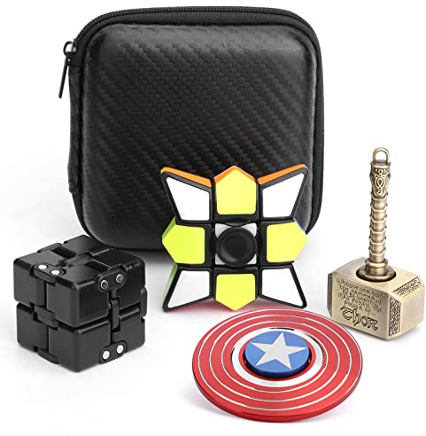 Fidget Spinner Bulk Spielzeug Set, unendliche Würfelblöcke, Cooler Hammer Finger Spinner, Fidget Bohnenketten Geschenkpaket, Superhelden Fidget Spinner, Geschenke für Kinder und Erwachsene (4 Stück)