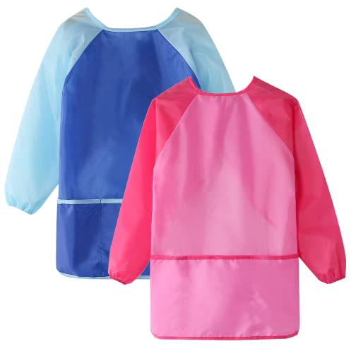 Moguxb Malschürze Kinder 2 Stück Wasserdicht Malkittel 3-8 Jahre Mädchen Junge, Bastelschürze Kinder mit Langarm und Taschen für Schule Kunst Malerei, Kochen, Backen,Essen(Blau+Pink)