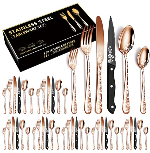 XIAOYU Ensemble d'argenterie 48 pièces, service pour 8, ensemble de couverts en acier inoxydable avec couteaux à steak, motif unique, ensembles couteaux/fourchettes/cuillères, or rose