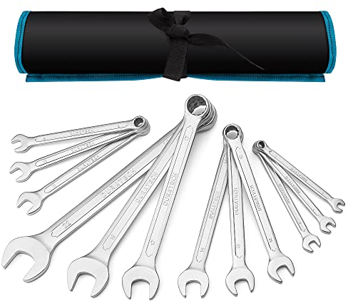 DURATECH Ringmaulschlüssel Set Gabelringschlüssel-Satz, 12-teilig Set, SW 6-22mm, DIN 3113, Chrom-Vanadium-Stahl, Matt verchromt, mit Rolltasche