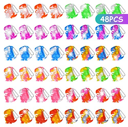 Ainiv Pop Push It Fidgetleksak, 48 st. dinosauriefigurer på mininyckelring, anti-stress, sensorisk fidgetleksak med nyckelring, bubbelleksak för autister, för ADHD, klämleksaker