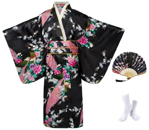 Kimono Japonais Fille Noir à Double Couche Motif Paon avec Obi et Coussin Dorsal - Déguisement Fille avec Éventail et Chaussettes Tabi - Kimono Enfant Cosplay pour Carnaval, Spectacle et Fête,150