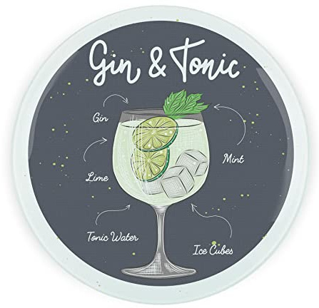 Cocktail G&T - Tagliere rotondo in vetro per piano di lavoro, vassoio per bevande incise strutturato per tagliere/tagliere, protezione per piano di lavoro con piedini antiscivolo, 30 cm x 30 cm