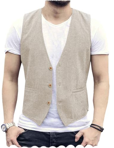 AeoTeokey Gilet estivo da uomo in cotone casual per matrimonio, Beige, XXL
