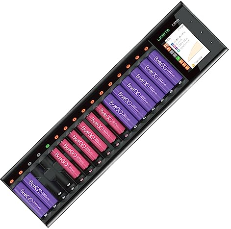 LIMETA 16 Ranuras Cargador Inteligente AA/AAA con Carga Rápida Independiente para Baterías Recargables NiMH/NiCd/NiZn/Li-Ion - Función de Descarga y Detección Automática - Incluye Adaptador DC