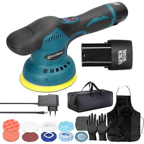 Geevorks Polisseuse Voiture Sans Fil, kit de polissage voiture 8 Vitesses 5500rpm avec 2×2,0 Ah batteries, 125mm polisseuse orbitale polisseuse pour polissage,cirage,ponçage
