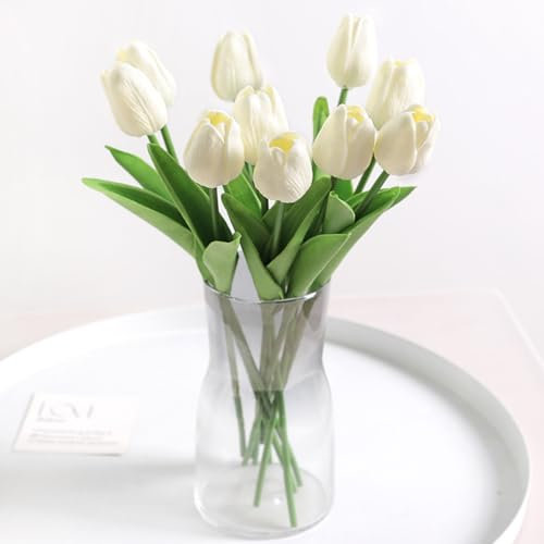 AIYONG 10 STK PU Real Touch Latex Künstliche Tulpen Gefälschte Tulpen Blumen Blumensträuße Blumen Arrangement für Home Room Hochzeitsstrauß Party Herzstück Dekor Cremefarben
