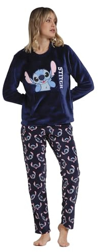 Disney Pijama Mujer Invierno 100% Algodón – Pijama Stitch Faces con Camiseta de Manga Larga y Pantalón Largo Cinturilla Ajustable, Punto Suave, Color