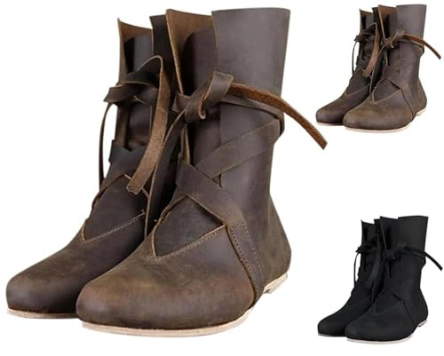 Stivali Medievali da Uomo e Donna, in Pelle PU Retro Cowboy per Cosplay, Stivali Morbidi e Comodi in Pelle per Tempo Libero, Stivali Bassi e Mezzi Alti Estivi, Scarpe da Allacciare Morbide e Comode in