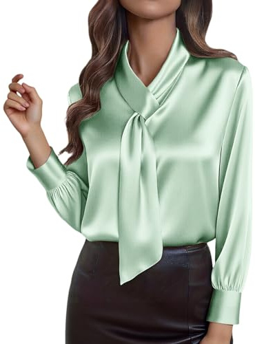 Chemisiers en satin pour femme en soie à manches longues et col en V croisé, chemises habillées, chemisier, chemisier décontracté, infroissable 2026, vert clair, M