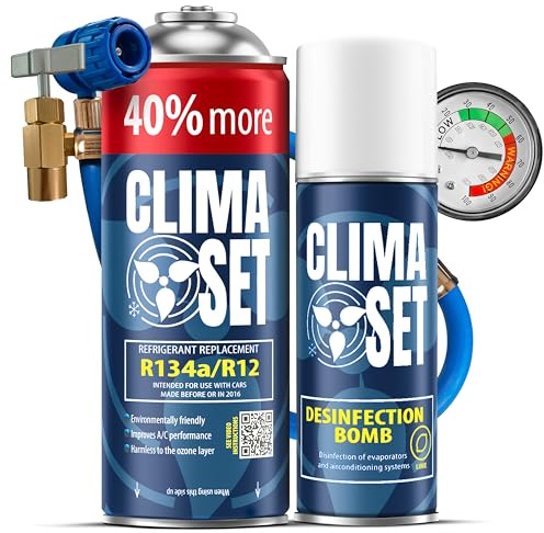 ClimaSet – R134a köldmedium XL & luftkonditioneringsrengöringsmedel för bilar & slang – Luftkonditionering Självpåfyllningsset – Påfyllningsset, Bilklimat Påfyllning – 235 g
