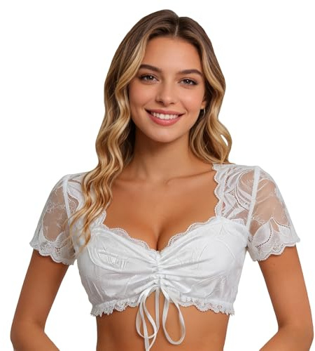 Dirndl Camicetta Da Donna In Pizzo Colore Bianco,Dirndll Bianco A Maniche Corte, Tradizionale Con Bottone Per Oktoberfest, Oktoberfest Bluse Maniche Corte, Elegante Bottone Blusa Dirndl In Pizzo