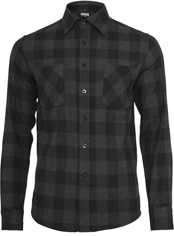 Urban Classics Men's Checked Flannel Shirt Casual Button-Down Shirt, Longsleeve Dress Shirt with Forearm Buttons, Regular Fit, 100% Flannel Yarn blk/cha S