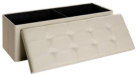 SONGMICS MAZIE Colección - Puff Almacenaje, Banco Plegable, 38 x 110 x 38 cm, Taburete Reposapiés, Pie de Cama, Soporta hasta 300 kg, para Sala de Estar, Dormitorio, Entrada, Blanco Crema LSF77BE