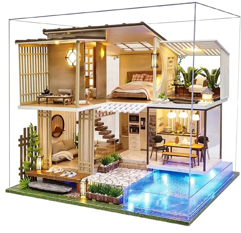 Kit de casa en miniatura con muebles hechos a mano, cubierta antipolvo y caja de música, 1:24, idea creativa para adultos, regalo para amigos