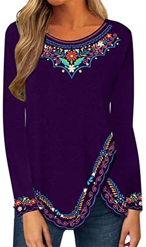 Onsoyours Donna Primavera Autunno Maglie a Maniche Lunghe con Girocollo Elegante Top Sottile Casuale Stampata Etnica retrò Magliette Pullover Bluse A Viola M