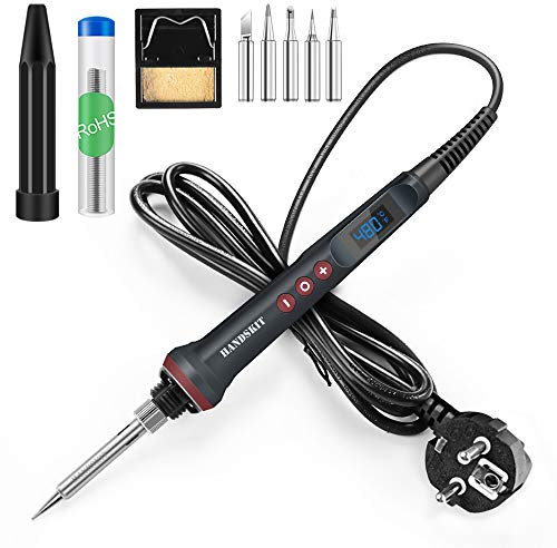 HANDSKIT Fer à Souder Précision 90W, Température Réglable de 180 à 480℃, Fer à Souder LED Électronique, 5 Pointes de Soudure, Support et Fil de Soudure pour DIY, Fer à Souder Étain et Électrique
