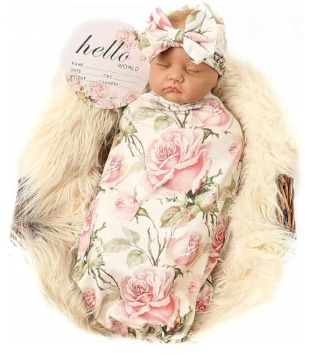 Galabloomer Baby Girl Newborn Receiving Blanket with Headband Set Baby Swaddle Nursery Swaddle Wrap with Card (Vintage Flower)