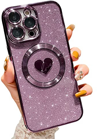 HYUEKOKO Kompatibel med iPhone 13 Pro 6,1 tum fodral med magsäker, plating hjärta glitter magnetiskt fodral för kvinnor flickor TPU kameraskydd baksida skydd för iPhone 13 Pro lila