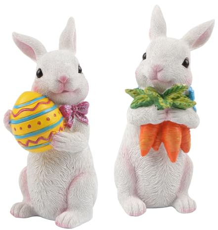 Jangostor 2 Piezas Decoraciones de Conejito de Pascua Estatuas y Figuritas de Conejo de Pascua con Zanahoria y Huevo Centro de Mesa de Pascua de Resina Conejo para Decoración de Primavera Oficina Mesa