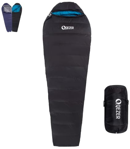 QEZER Daunenschlafsack, leichter Schlafsack [1200 g] für Erwachsene und Jugendliche, Camping, Wandern, Rucksackreisen, Outdoor, mit 620 FP Entendaunen, 3 Jahreszeiten, Schwarz 8 °C