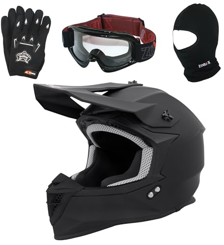 Zorax ZOR-X303 Motocross Helmet + Gloves + Goggles + Balaclava | Matt Black XL (61-62cm) - Black Gloves XL(11cm) Unisex Adult MX Quad ATV Enduro Crash Dirt Bike Helmet ECE 22.06 Certified