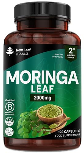 Moringa Leaf Capsules - High Strength Moringa Capsules 2000mg - Pure Vegan Extract & Powder - 120 (Two Months Supply) Enriched with Black Pepper by New Leaf