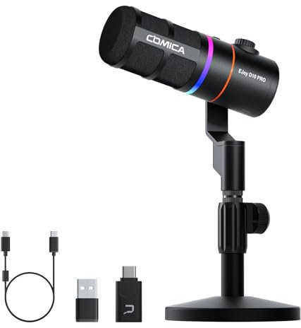 COMICA EJoy D10 Pro Mikrofon Cardioid Dynamisches USB-C/XLR Mikrofon mit 48kHz/24bit, RGB-Beleuchtung, Einstellbare Verstärkung & Monitoring