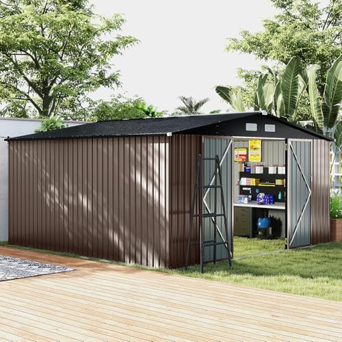 COSTWAY Abri de Jardin Métal 12 m², Toit Double Pente, Double Porte Verrouillable avec Clé, 4 Aérations, Cabane de Jardin Exterieur pour Vélo, Poubelle, Outil, Anthracite (12 m²)