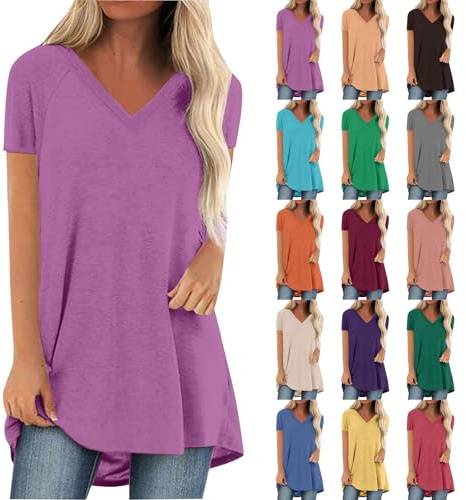 Maglietta lunga con scollo a V, a maniche corte, casual, da donna, casual, per leggings, oversize, per il tempo libero, casual, in tinta unita, colore nero
