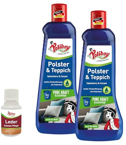Poliboy, detergente per tappeti e tappezzeria, detergente delicato per tessuti per la rimozione delle macchie, per moquette, shampoo e lana, 2 x 500 ml, con campione di prodotto, prodotto in Germania