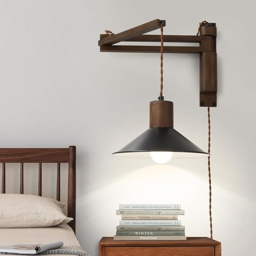 LOGT Holz Wandleuchte Schwenkarm Wandlampe mit Schalter Verstellbarem Arm Wandbeleuchtung mit Kabel Stecker Klappbarem Teleskop Nachttischlampe Vintage Innen Langen Arm Leselampe E27 für Schlafzimmer