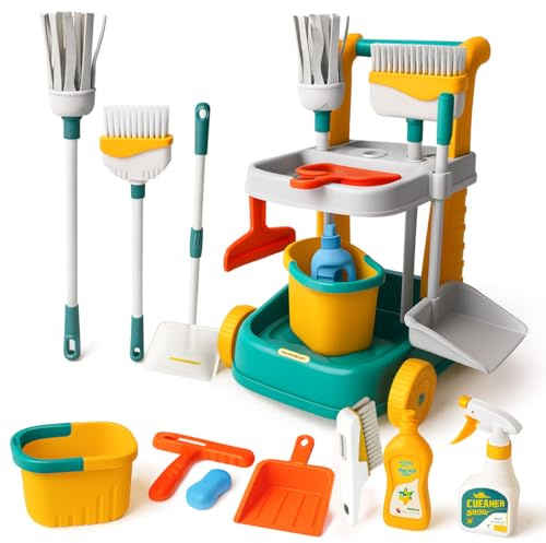 Toyana 11 PCs Kids Cleaning Set Kids Kit with Toy Mop, Broom, Dustpan, Bucket & Cart Toddler Role Play Educational Pretend Play Housekeeping Supplies Broom Set Gift For Boys Girls Ages 3+ Years