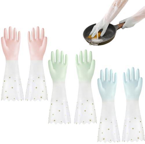 Nonyimu 3 Pairs Long Rubber Gloves, Long Washing Up Gloves, Reusable Household Washing Up Gloves,Thick Yet Flexible Dishwashing Cleaning Gloves for Kitchen,Household Cleaning Gloves for Kitchen