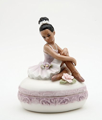 Cosmos Gifts 10599 Fine Porcelain African American Ballerina Ballet Dancer Girl Purple Tutu Dress Heart Shaped Trinket Keepsake Box, 3 5/8 H