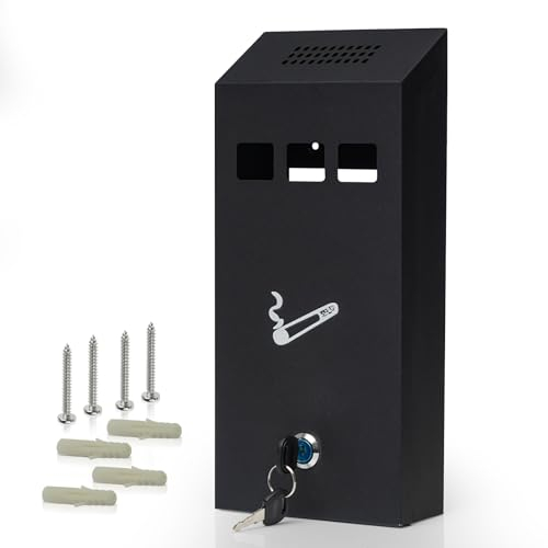 Wall Mounted Ashtray Small | Lockable Cigarette Bin Outdoor & Indoor | Black Powder Coated Smoking Bin for Offices, Restaurants, & Homes | Ash Trays with Luminous Cigarette Sign