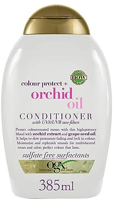 OGX Colour Protect + Orchid Oil Conditioner (385 ml), acondicionador protector de color con Extracto de Orquídea y Semilla de Uva, acondicionador sin sulfatos ni parabenos para cabello teñido