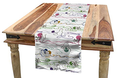 ABAKUHAUS Kätzchen Tischläufer, Katzen, die mit Garn-Bällen, Esszimmer Küche Rechteckiger Dekorativer Tischläufer, 40 x 180 cm, Weiß Violett