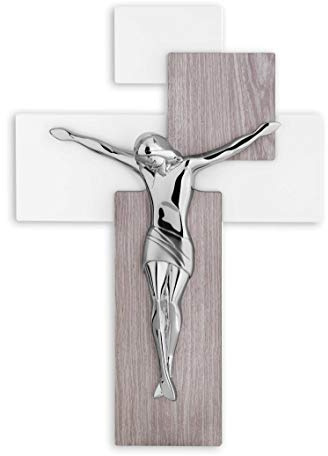 MAZZOLA LUCE Crocifisso da Parete Design Moderno 27x19cm Legno Rovere Bianco Cristo Argentato Alta qualità