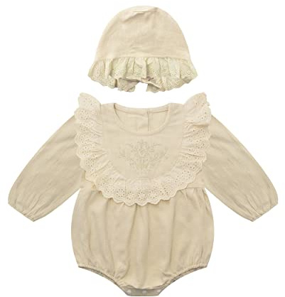 Symunnia Baby Girl Fall Clothes Outfits Cute Long Sleeve Ruffles Embroidered Bubble Romper Lapel Jumpsuit Bodysuit with Hat 2PCS(6-9months,Khaki)