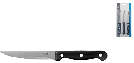 H&H Set 3 Coltelli Bistecca, mezza Lama Seghettata, con Punta, Manico Nero