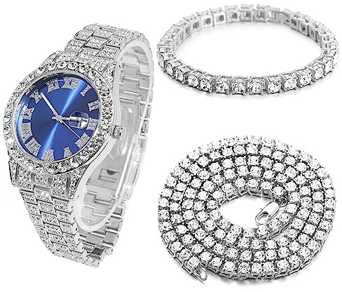 HALUKAKAH Orologio Oro con Diamanti,Uomo Placcato Platino Oro Bianco Quarzo Cinturino 24cm Quadrante Blu,con Catena da Tennis Bracciale 20cm + Collana 45cm,Viene Fornito con Pacco Regalo