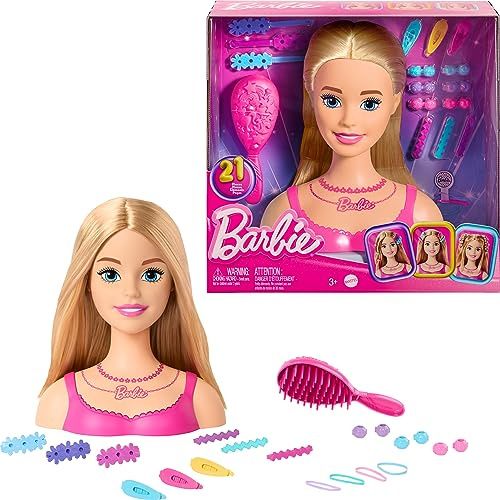 Barbie Testa per acconciare le bambole, capelli biondi con 20 accessori colorati, testa di bambola per acconciature, HMD88
