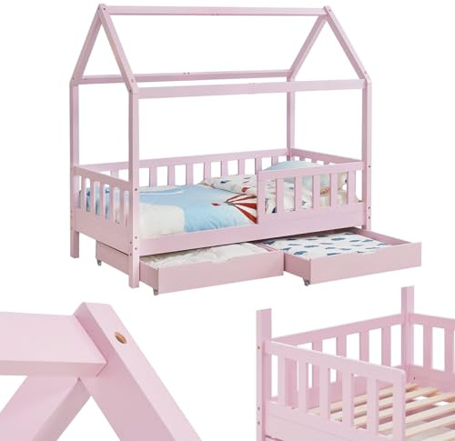 Juskys® Kinderbett Marli 90 x 200 cm mit Bettkasten 2-teilig, Rausfallschutz, Lattenrost & Dach - Massivholz Hausbett für Kinder - Bett in Rosa