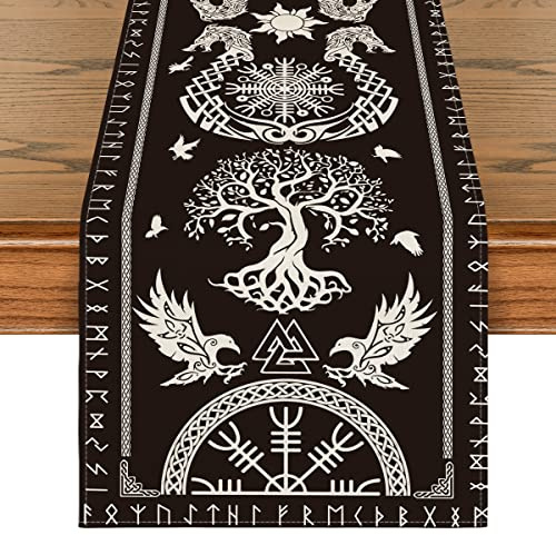 Artoid Mode bordslöpare, mönster med vikingatida livets träd, korp och skräckinjagande och vördnadsfull hjälm, bordsdekoration, för inredning inomhus, för fest, semester mm, 40 x 140 cm, färg: svart