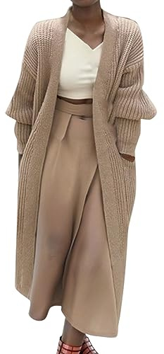 Chaqueta de punto larga cálida para mujer con bolsillo, manga larga, ligera, elegante y cómoda, suéter de punto para otoño e invierno, beige, XL